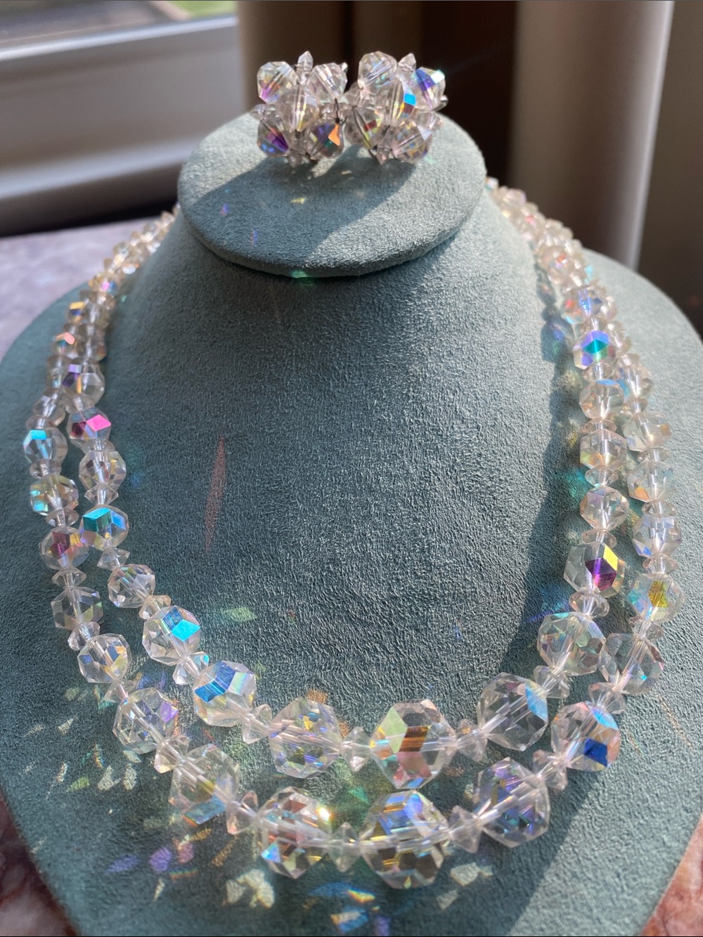 Vintage Laguna Aurora Borealis Crystal Double Strand Necklace & Clip on Earrings